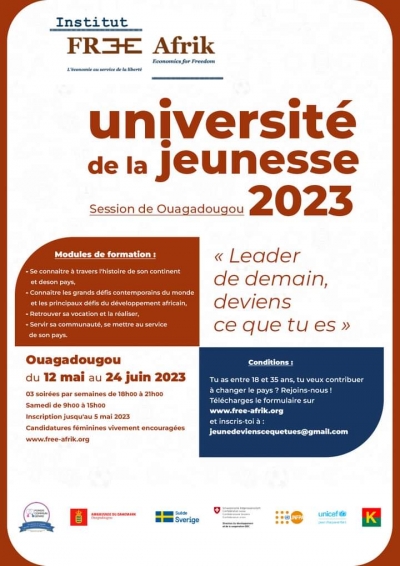 Annonce Formation: Institut FREE Afrik, Université de la jeunesse 2023