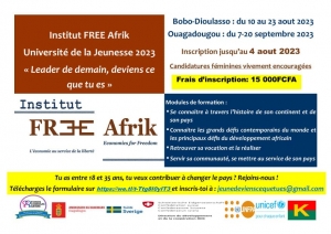 Université de la Jeunesse 2023 de l&#039;Institut Free Afrik à Bobo Dioulasso: les inscriptions sont ouvertes jusqu&#039;au 4 août
