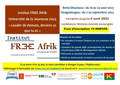 Université de la Jeunesse 2023 de l'Institut Free Afrik à Bobo Dioulasso: les inscriptions sont ouvertes jusqu'au 4 août